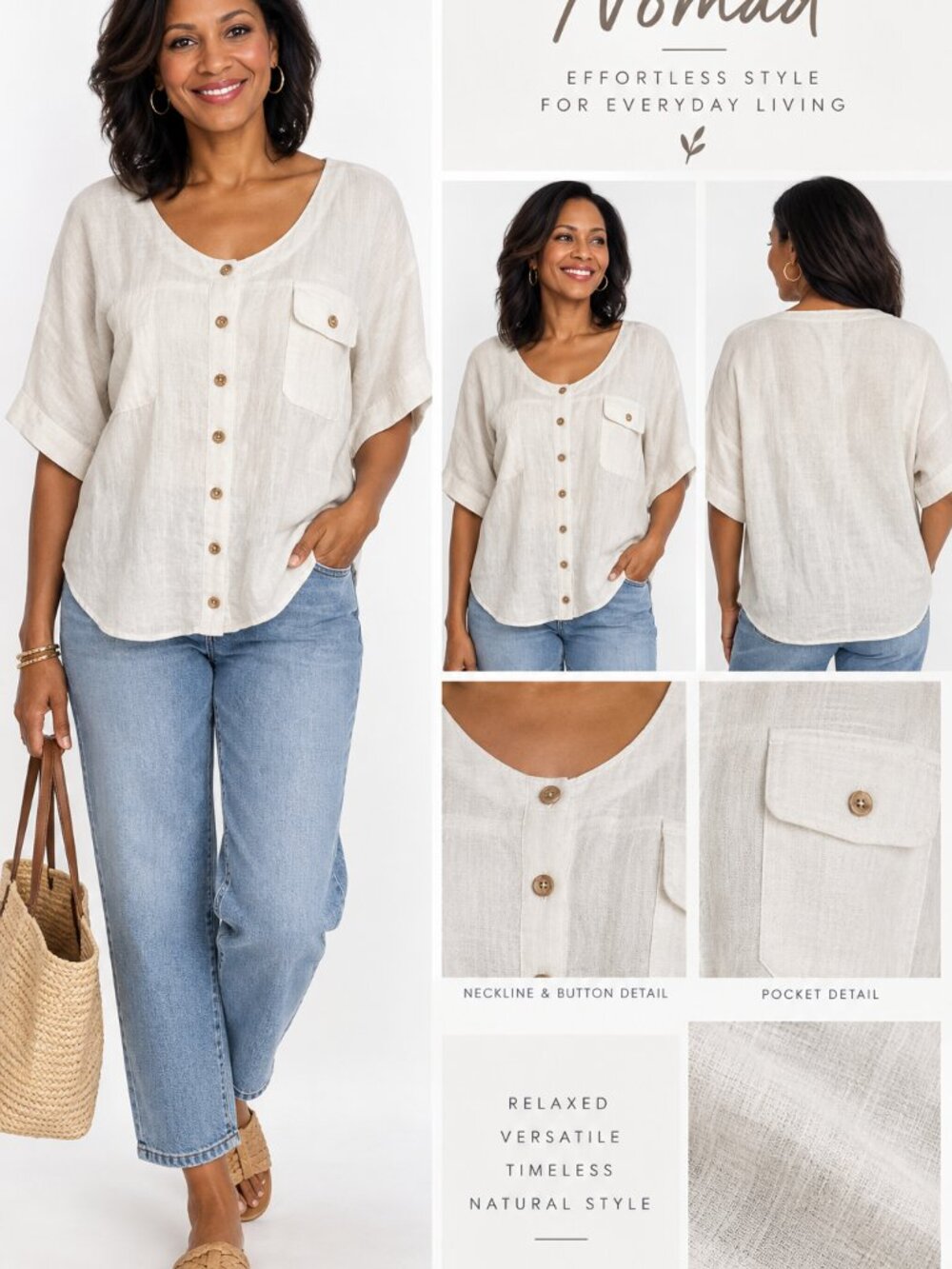 Nomad Ivory Linen Button Front Blouse Relaxed Coastal Boho Oversized Pocket Top